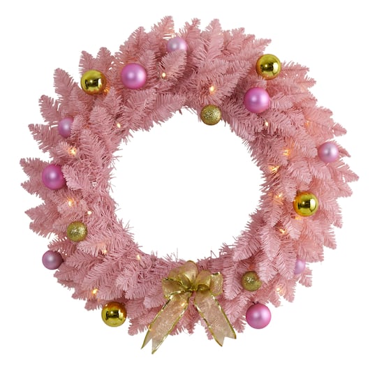 Nearly Natural; 24" LED Pink Artificial Christmas Wreath with Ornaments; Category:Decorated Wreaths; Image:1